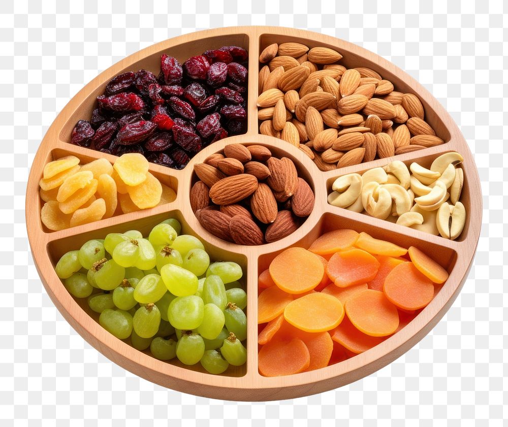 PNG Partition wooden plate with cut fruits and nuts food bowl white background.