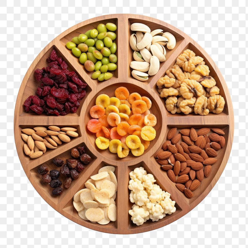PNG Partition wooden plate with cut fruits and nuts food white background ingredient.