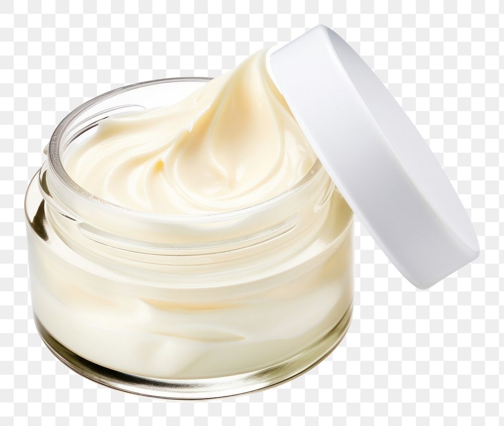 PNG Skincare cream jar over smudges of cream dessert white background mayonnaise.