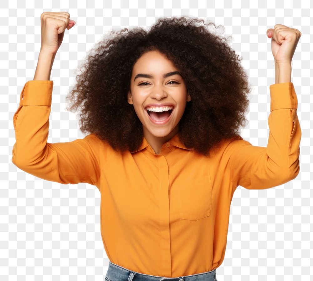 PNG  Young cute brazilian woman raise arms laughing adult white background.