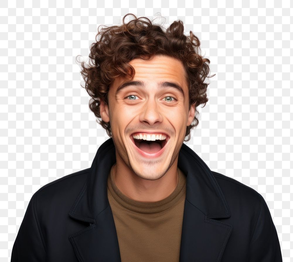 PNG  Young caucasian handsome man surprised and smiley shouting portrait adult.