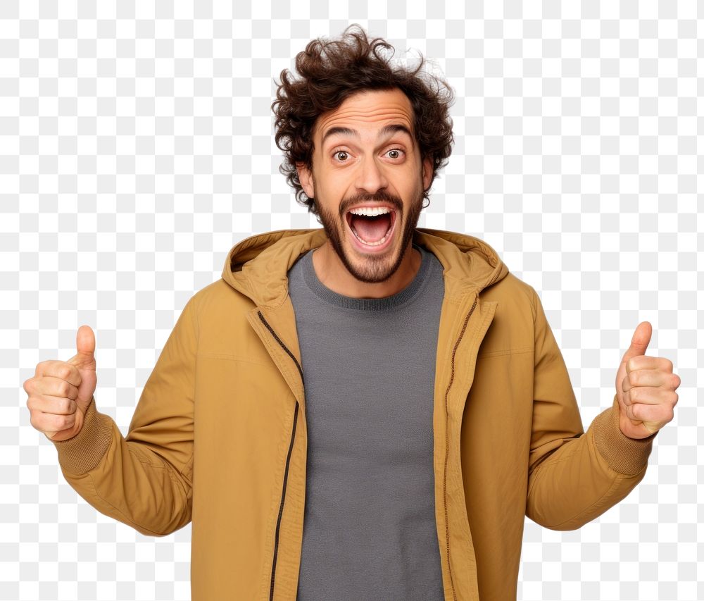 PNG  Young caucasian handsome man surprised and smiley Raise your hand shouting adult white background