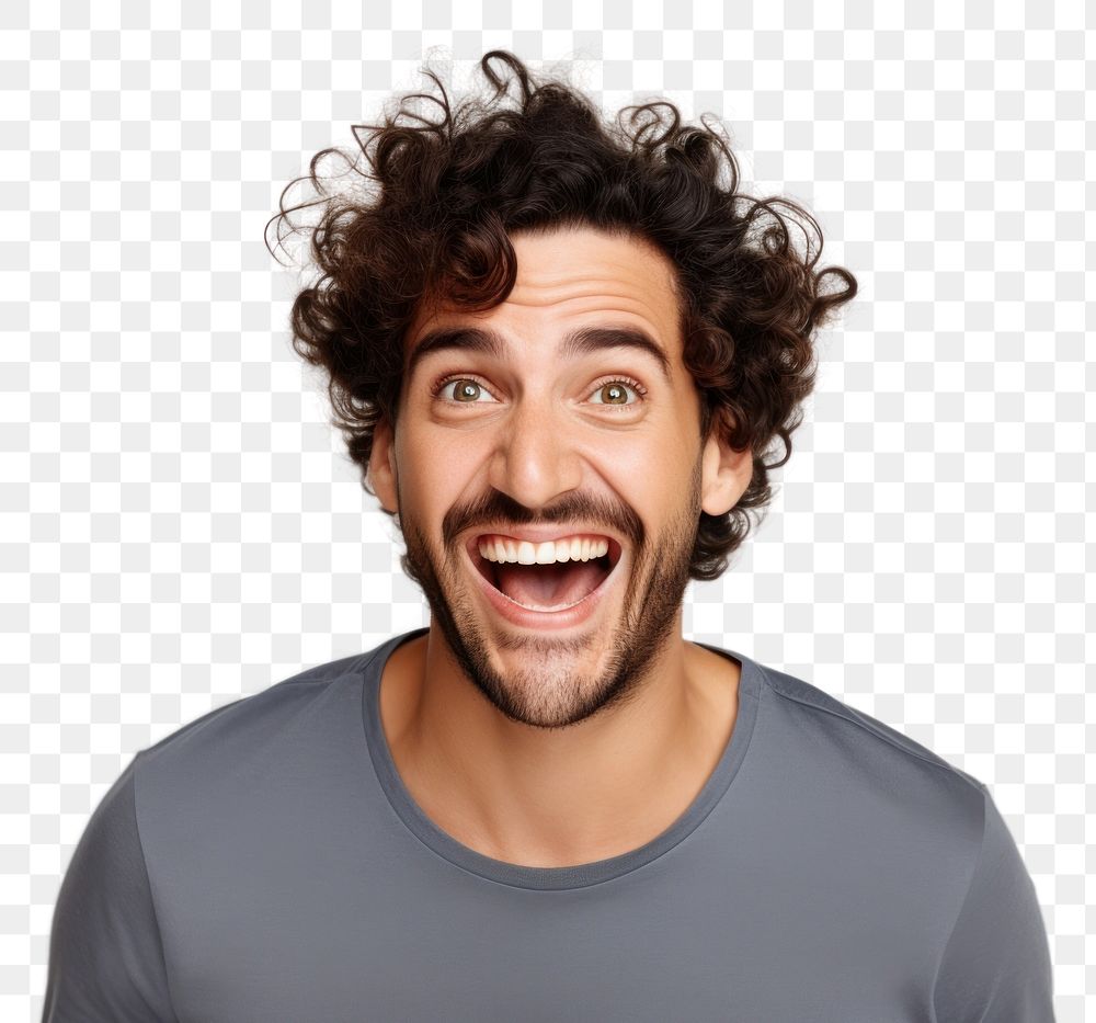 PNG  Young caucasian handsome man surprised and smiley laughing adult white background.