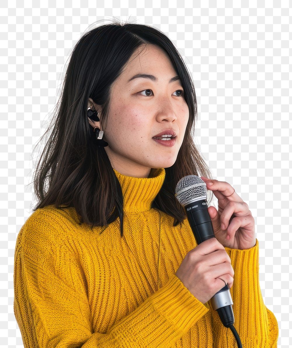 PNG  An asian woman wearing yellow sweater holding up microphone speaking in a conference adult women white background.