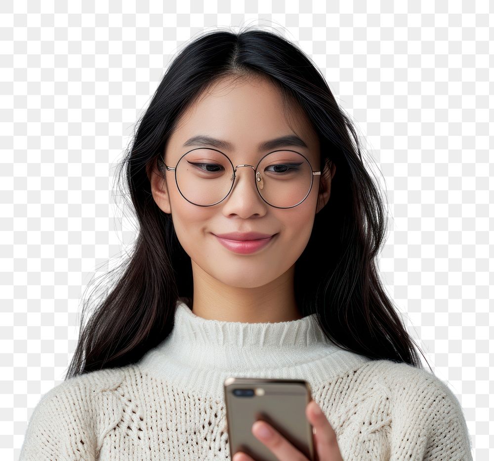 PNG  Asian woman in glasses holding a cell phone portrait sweater adult.