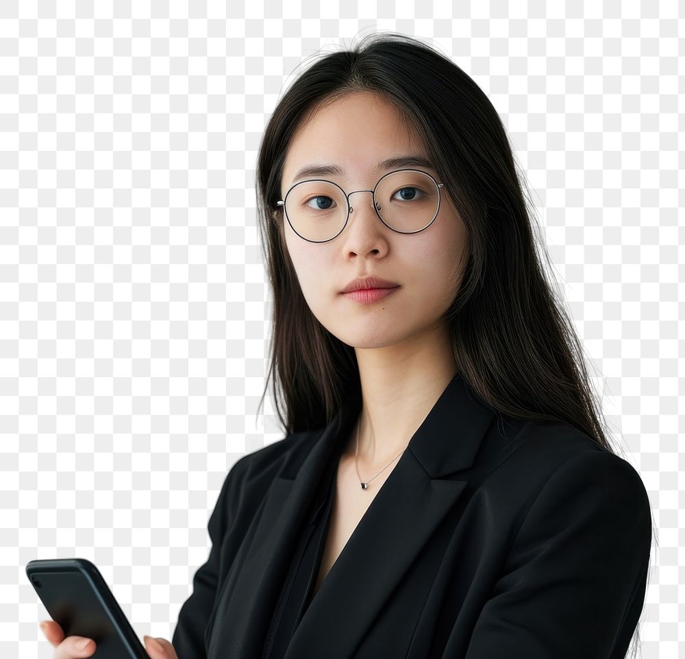 PNG  Asian business woman in glasses holding a cell phone portrait adult photo.