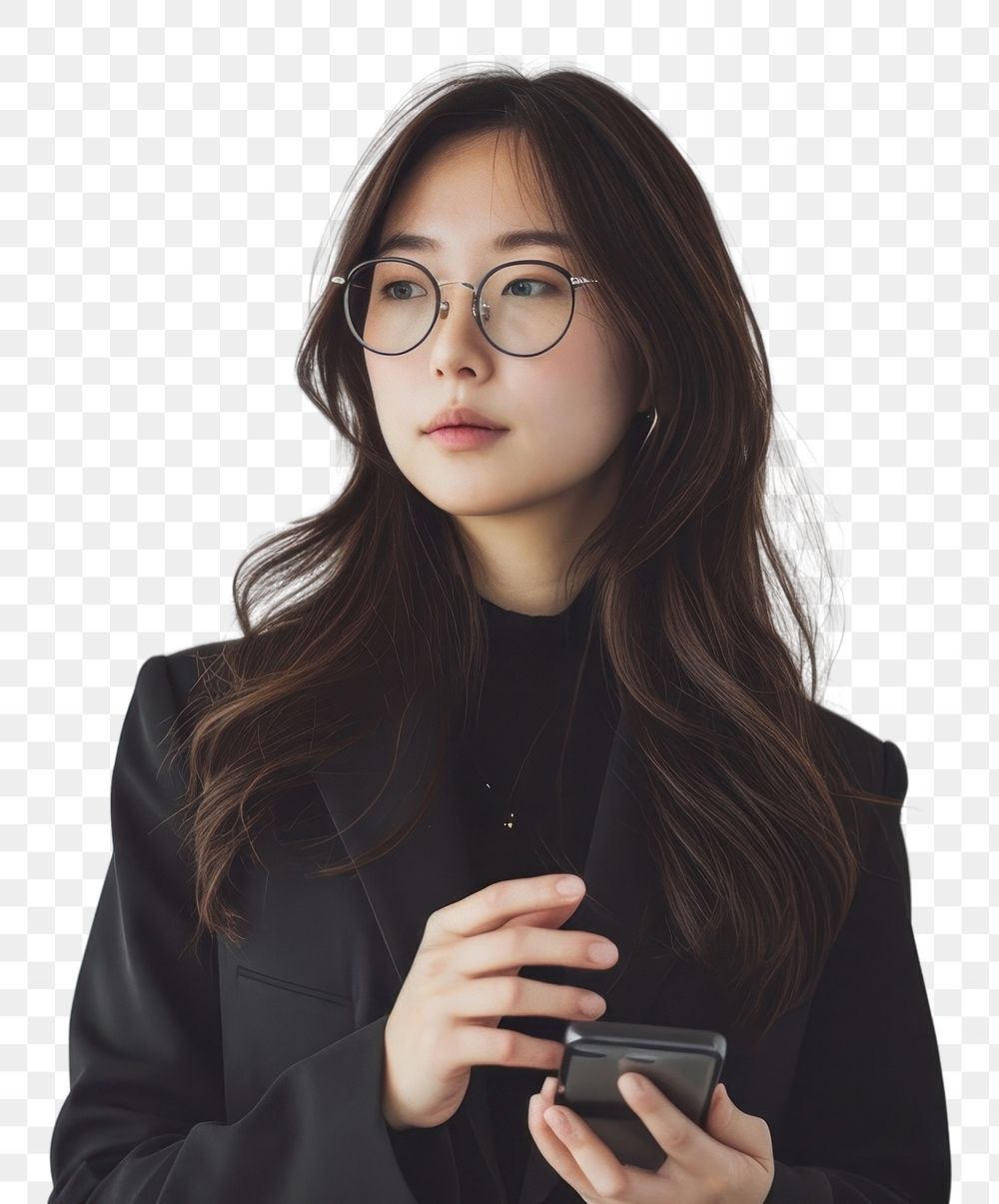 PNG  Asian business woman in glasses holding a cell phone portrait adult photo.