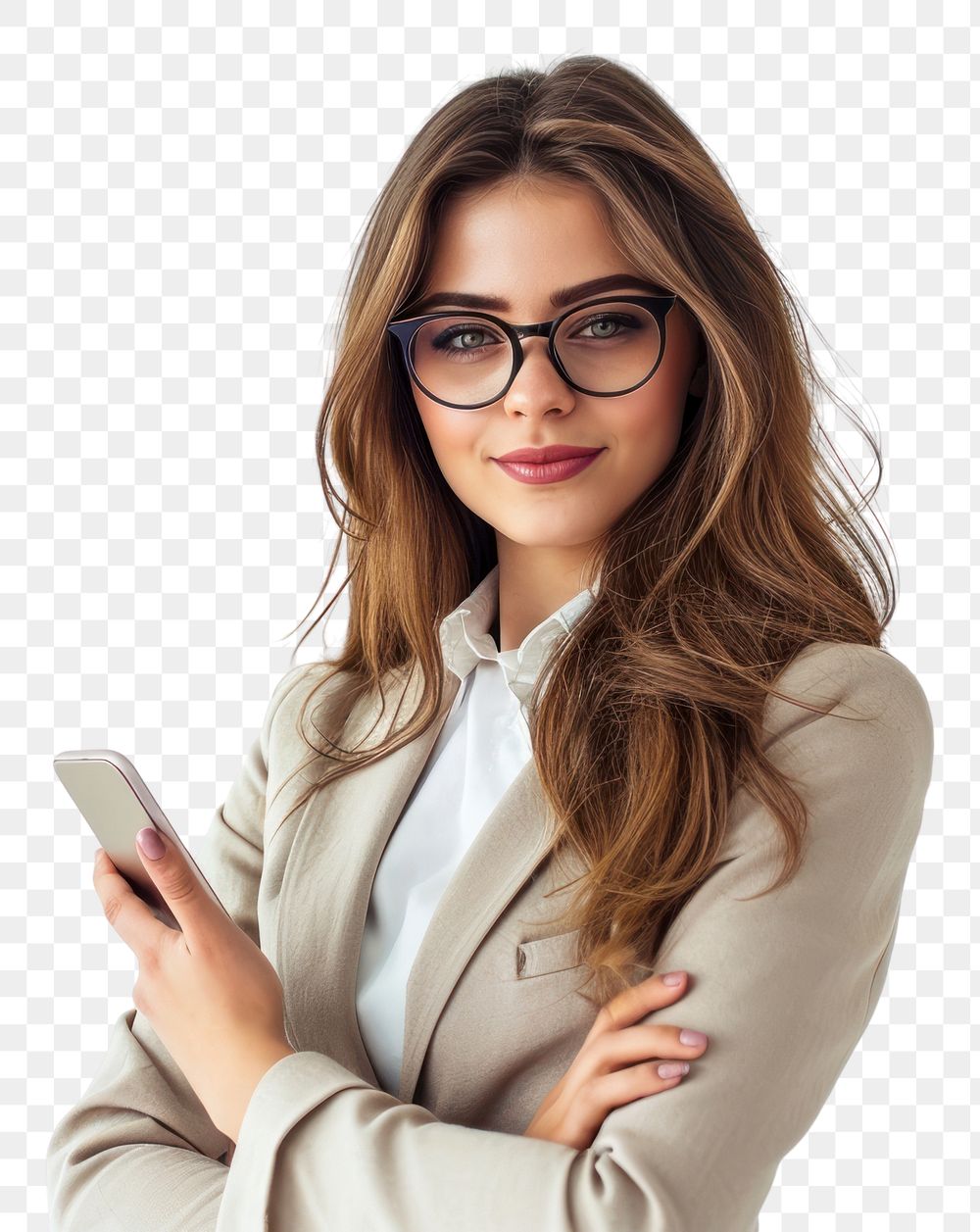PNG  Business woman in glasses holding a cell phone portrait adult photo.