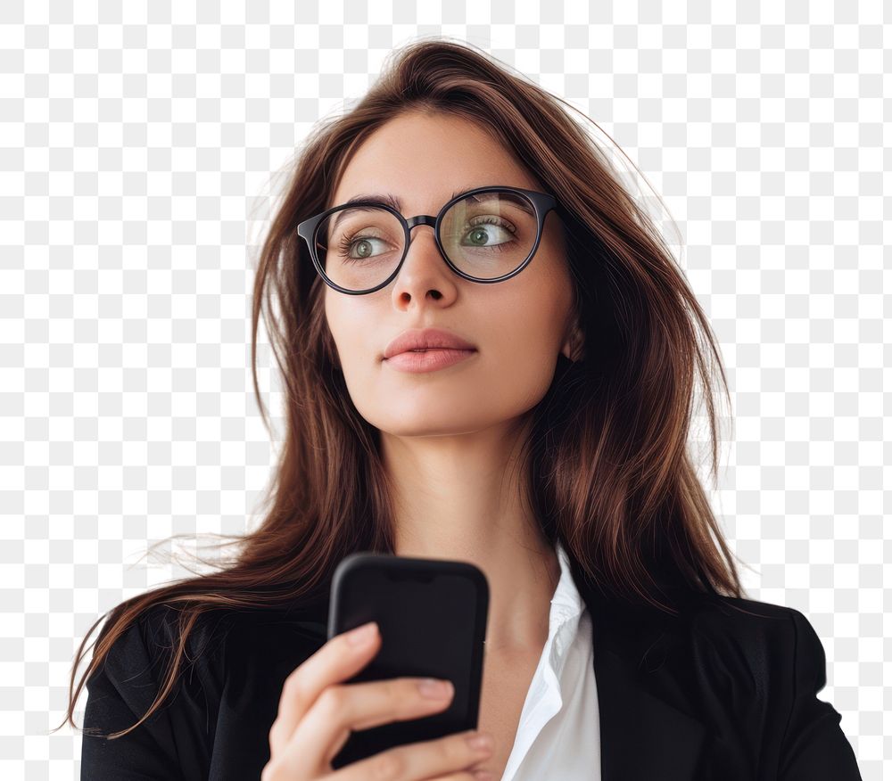 PNG  Business woman in glasses holding a cell phone portrait adult photo.