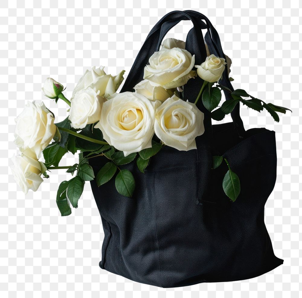 PNG Black fabric tote bag rose handbag flower.