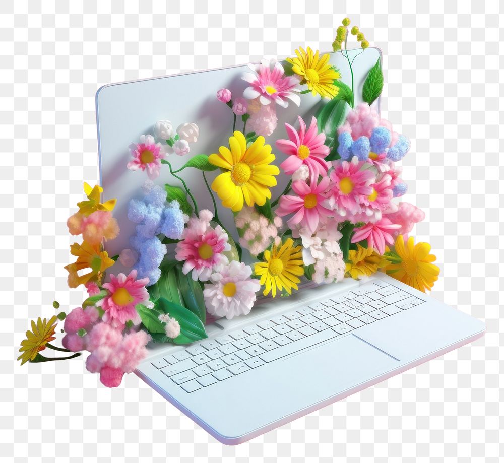 PNG  A white laptop with flowers computer plant petal.