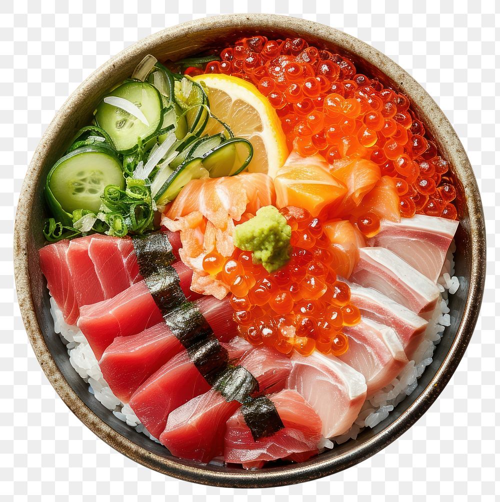 PNG  Sashimi Rice Bowl seafood salmon meal. AI generated Image by rawpixel.