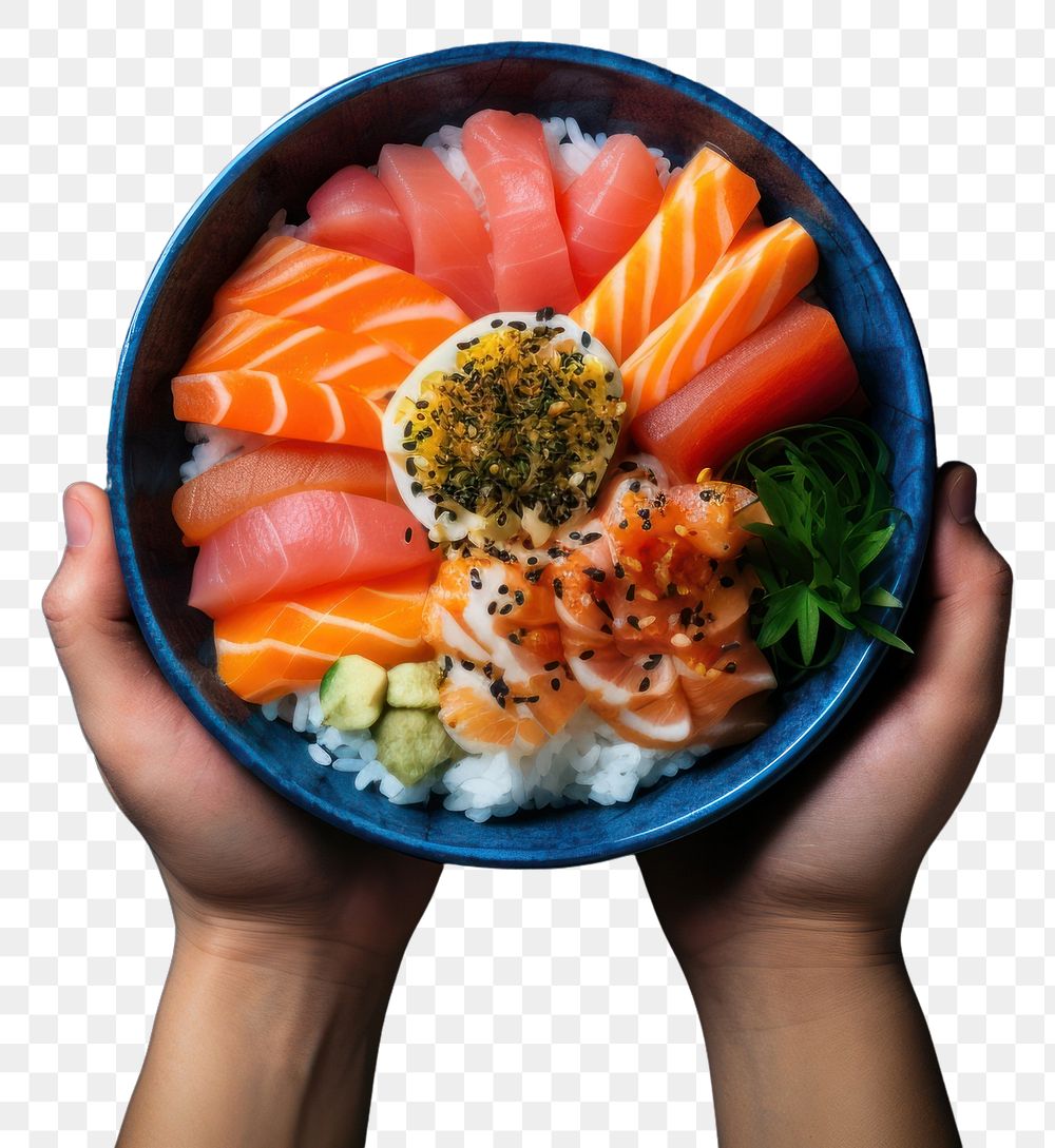 PNG  Sashimi Rice Bowl bowl seafood holding. AI generated Image by rawpixel.