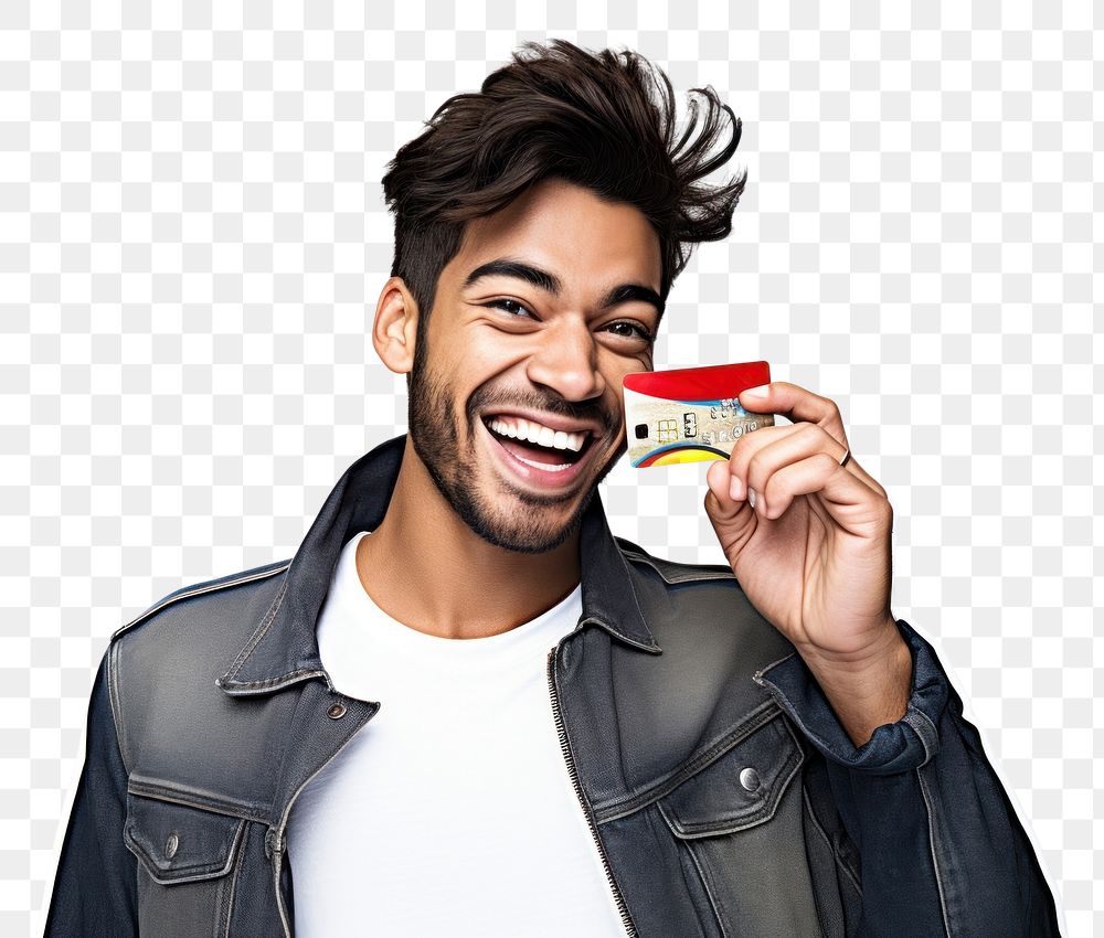 PNG Man holding credit card smiling smile white background.