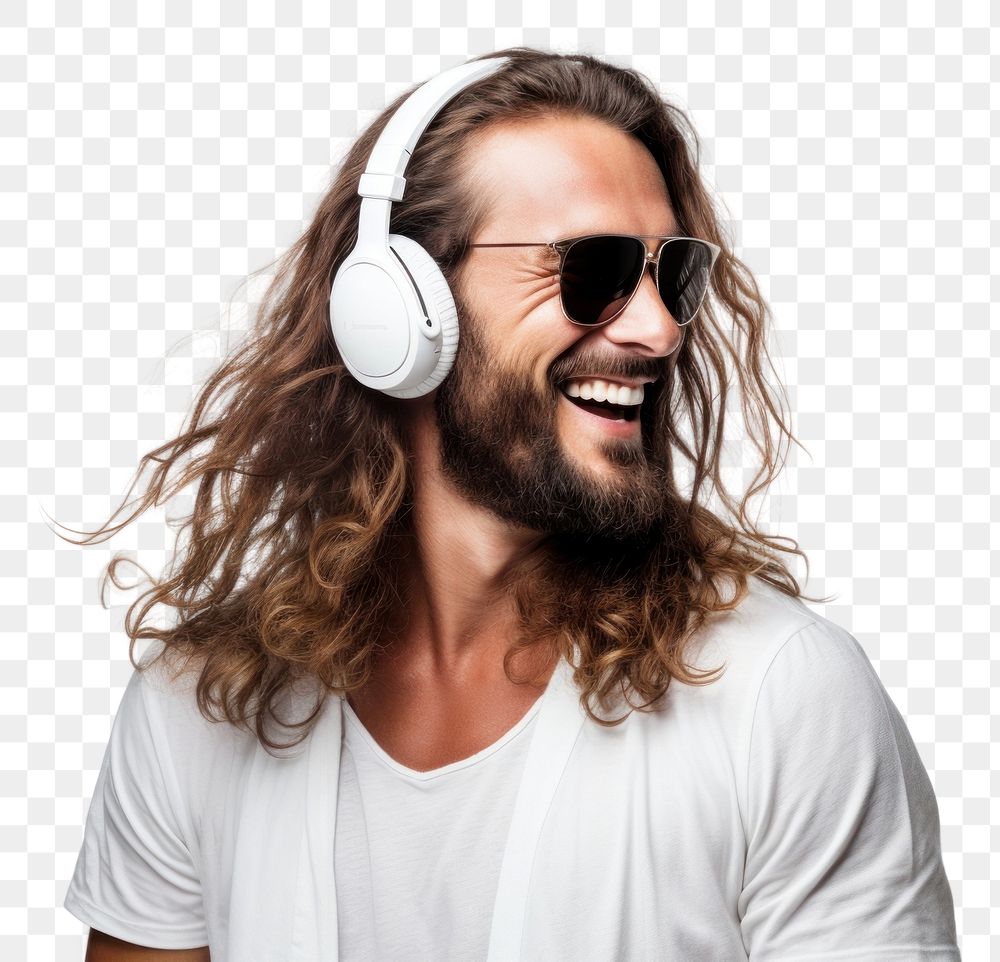 PNG Headphones sunglasses listening laughing.