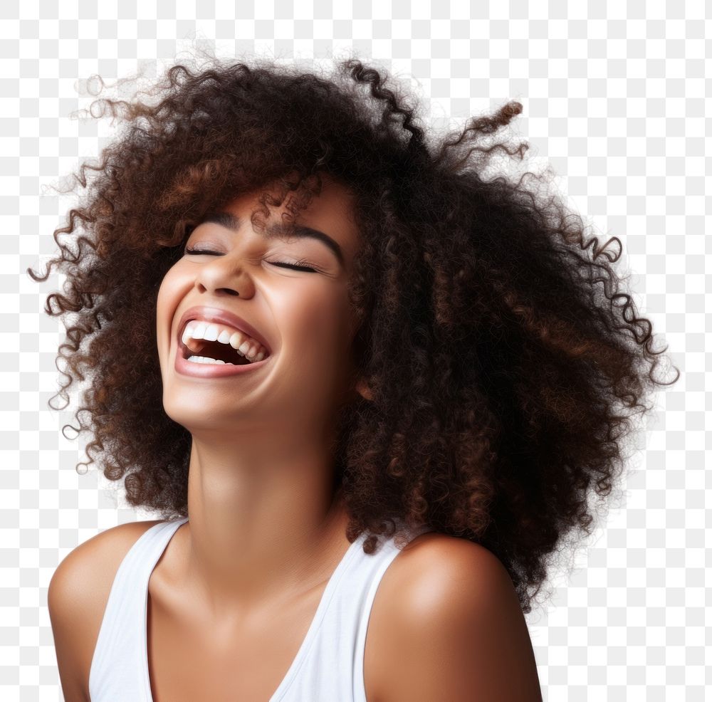 PNG African american woman with white top laughing adult face perfection.
