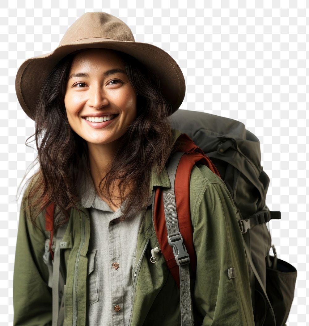 PNG Asian woman traveler backpack smiling jacket.