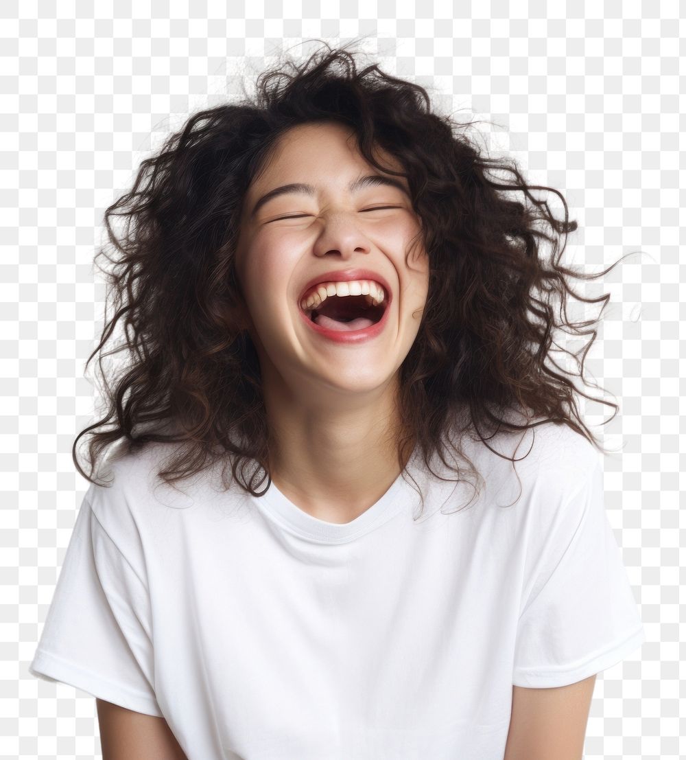 PNG Asian woman with white top laughing shouting adult face.