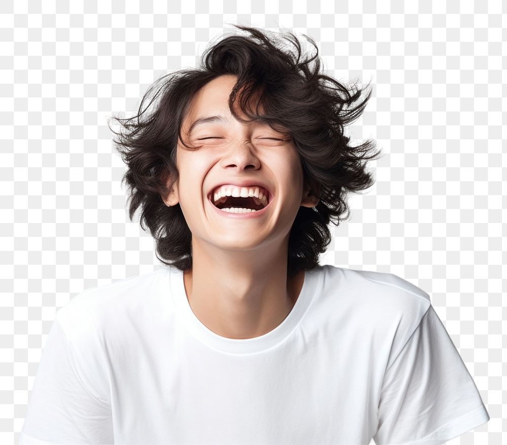 PNG Asian man with white top laughing shouting adult face.