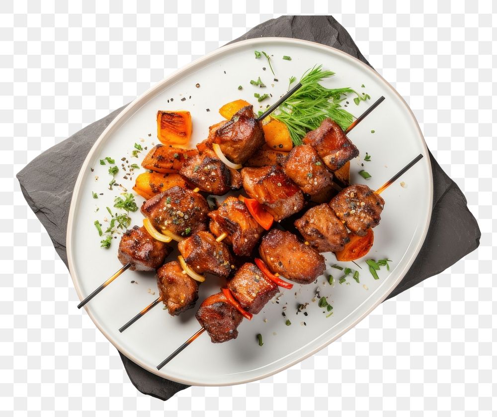 PNG Barbecue skewers plate meat food.