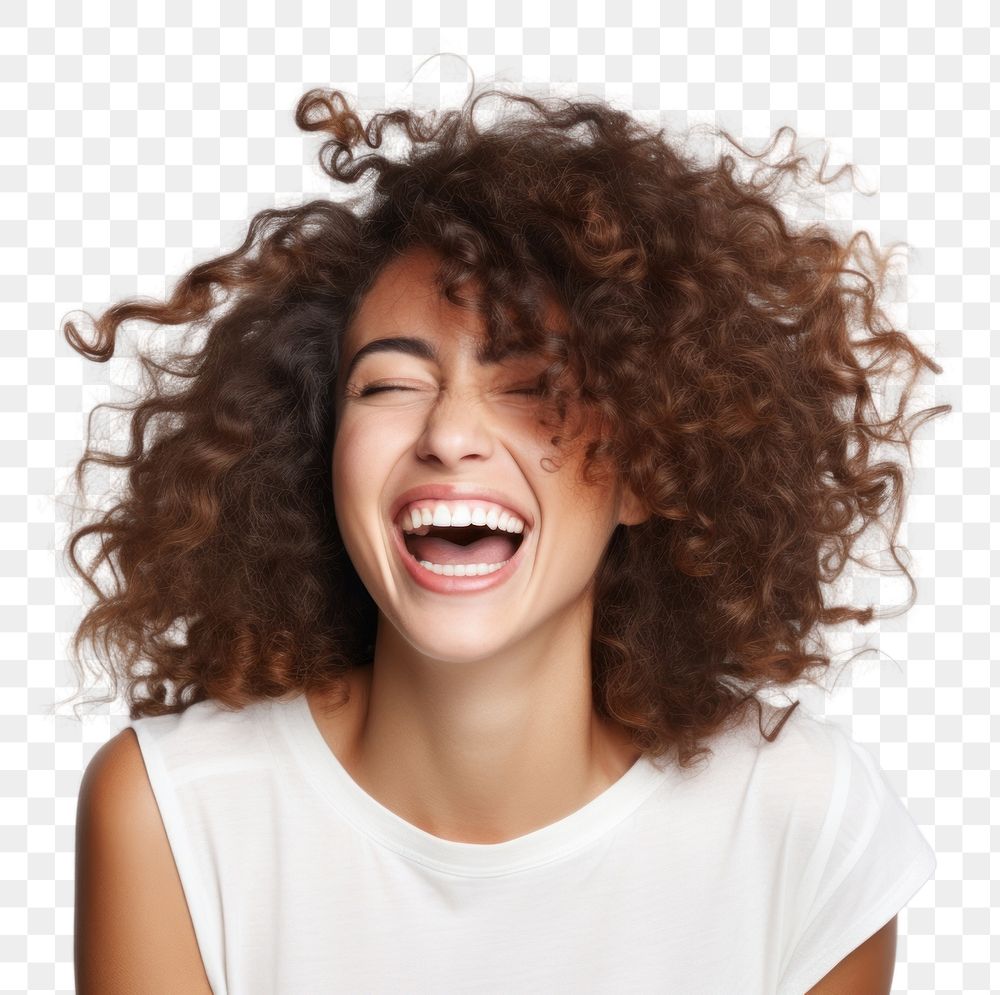 PNG Casual woman with white top laughing adult face white background.