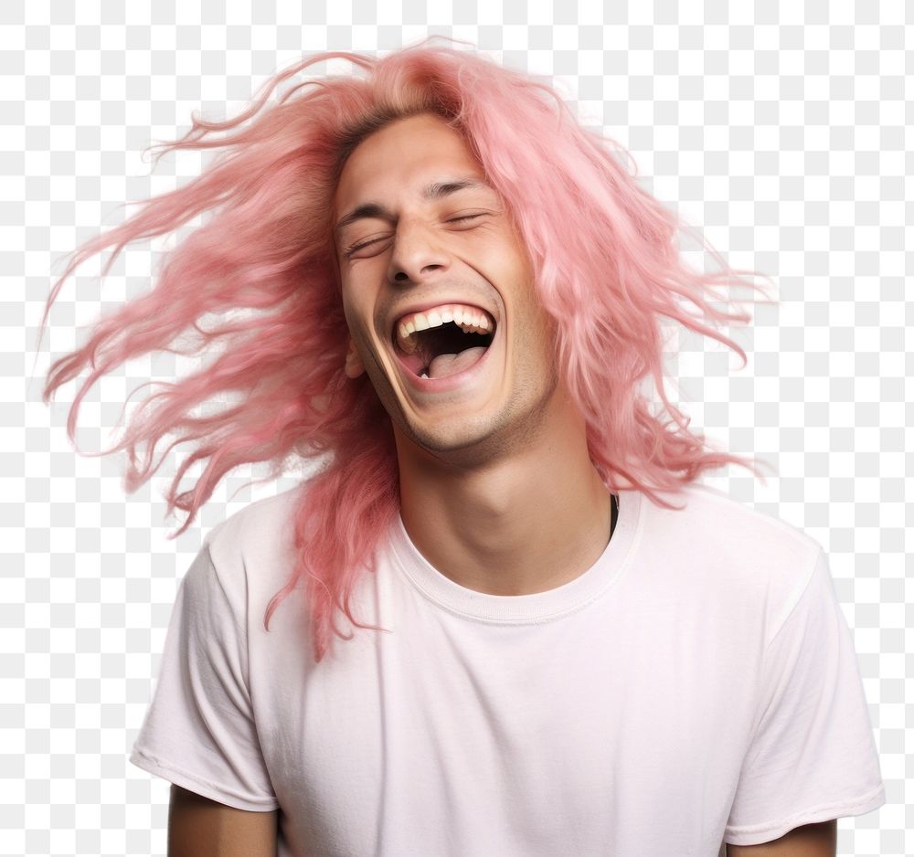 PNG Gay man with white top laughing shouting adult pink.