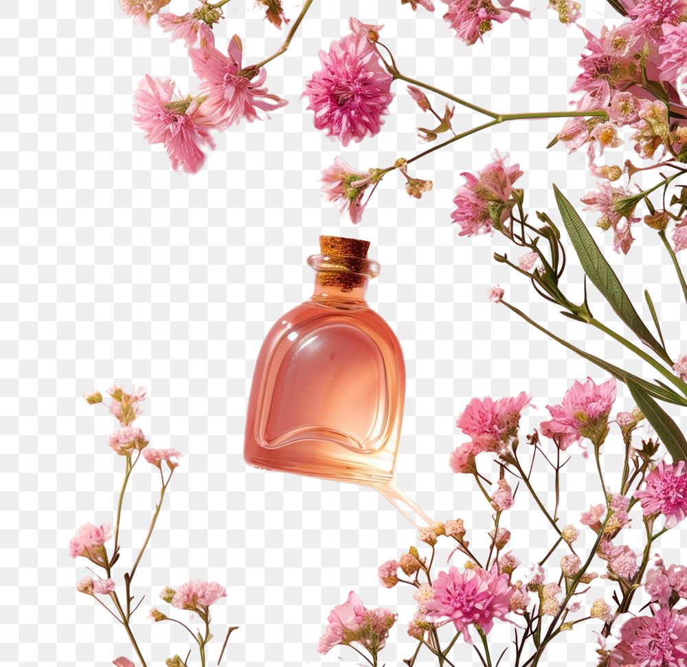 PNG Natural oil cosmetics perfume flower bottle.