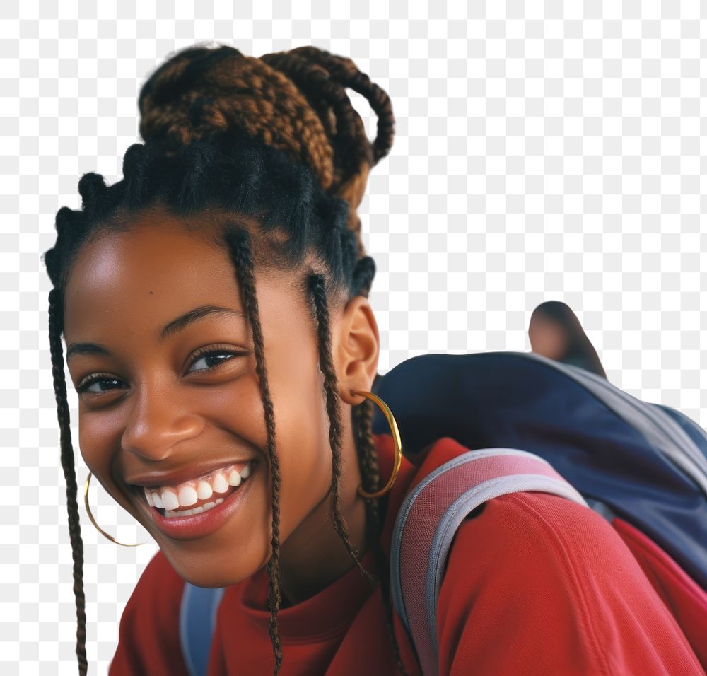 PNG  African-American woman smiling at airport smile architecture dreadlocks.