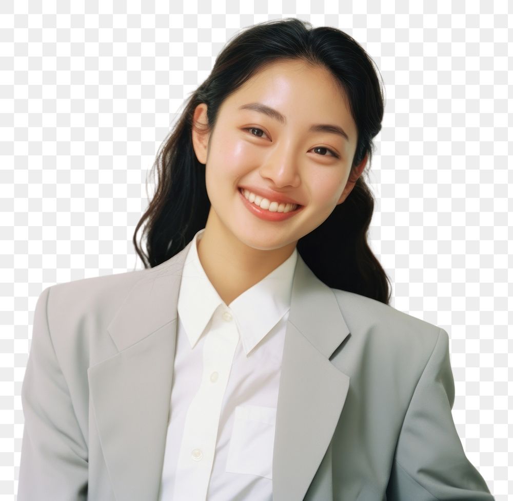 PNG Asian woman in suit smiling and thinking adult smile white background.