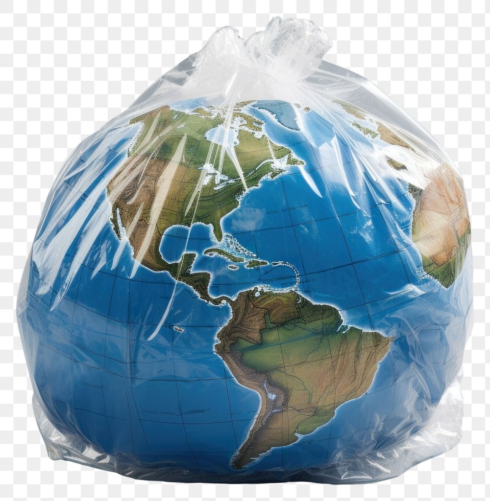 PNG  Plastic wrapping over a globe planet bag container.