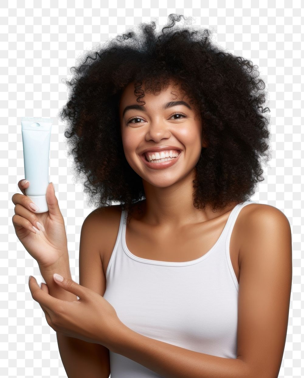 PNG Happy woman bited a white cosmetic cream tube portrait adult smile.
