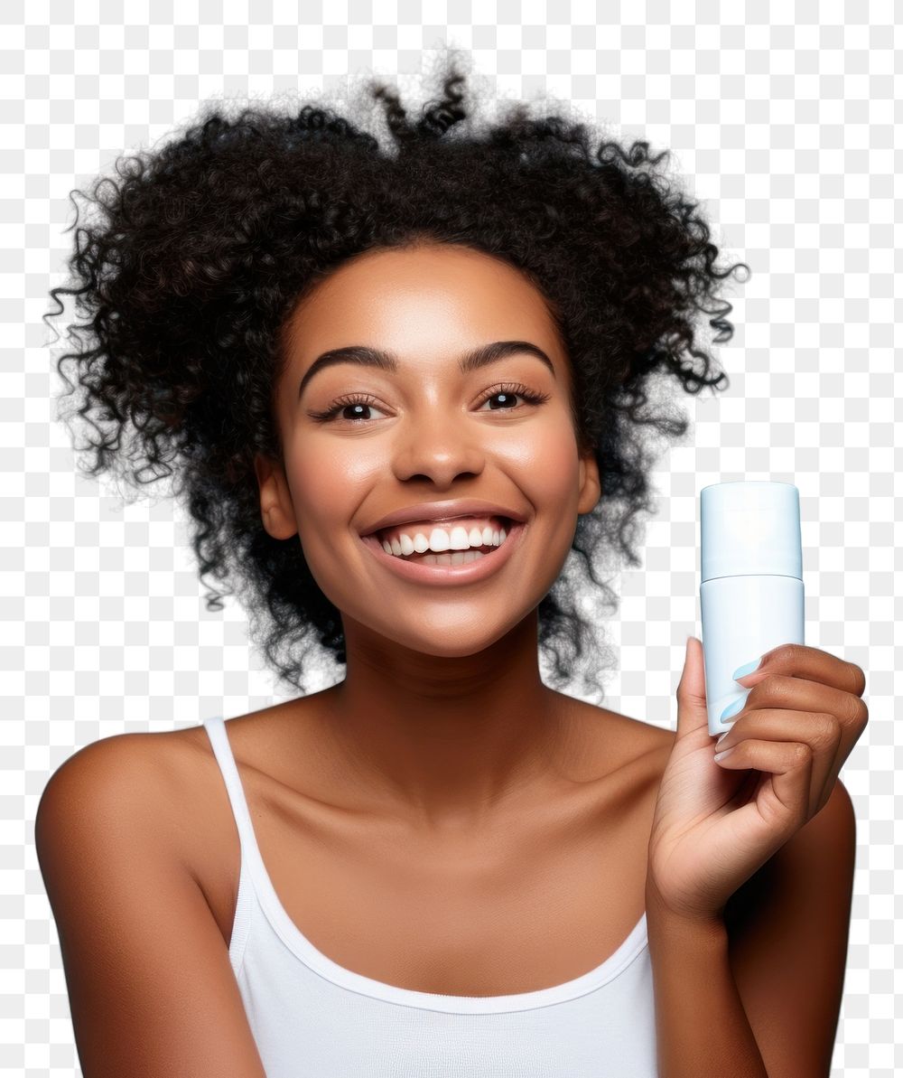 PNG Happy woman bited a white cosmetic cream tube portrait adult smile.