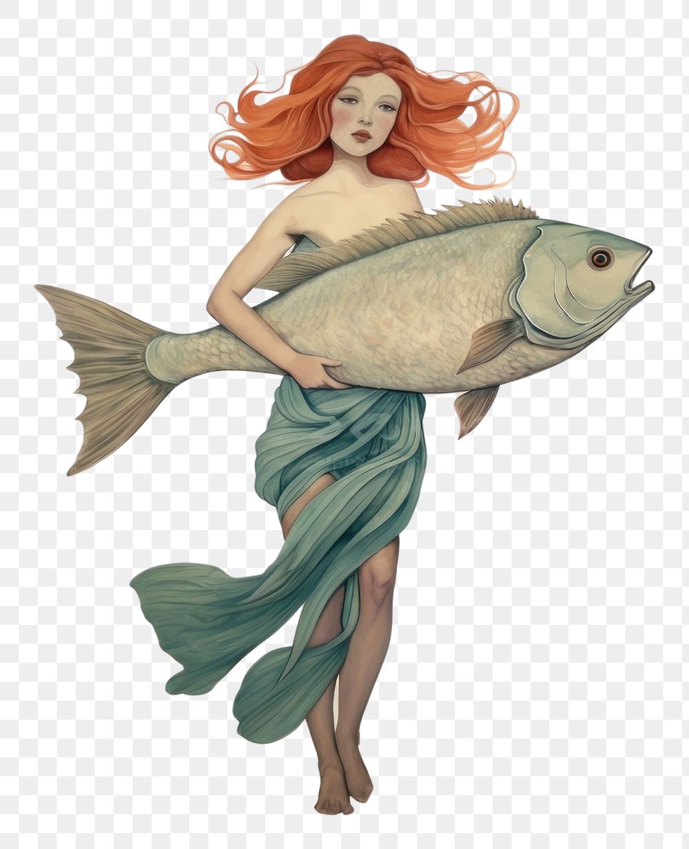 PNG A woman carry a big fish swimming cartoon sketch.