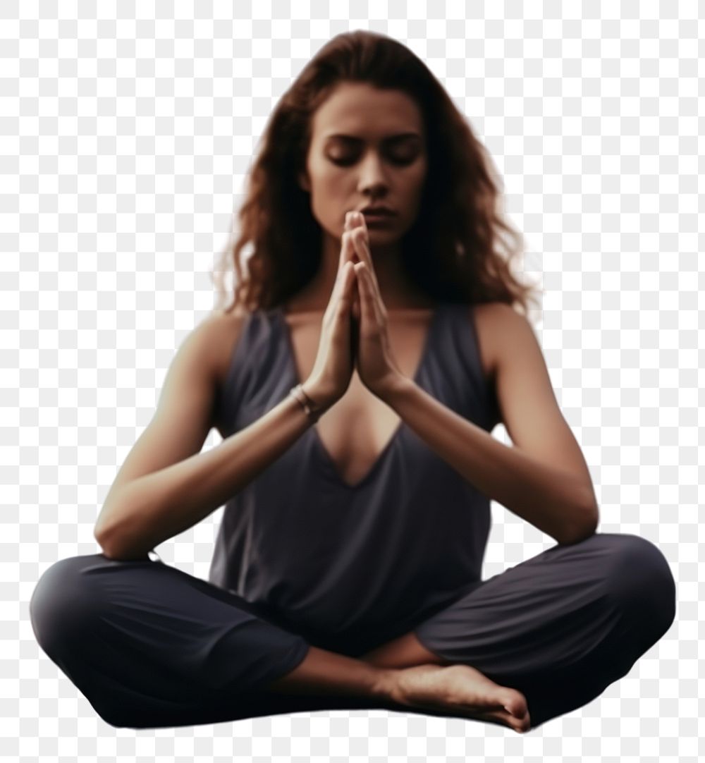 PNG  A woman doing meditation sitting on the beach sports adult yoga. AI generated Image by rawpixel.