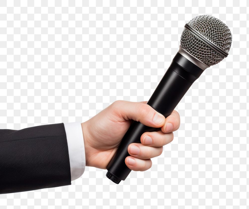 PNG Hand holding a microphone for interview white background performance technology.