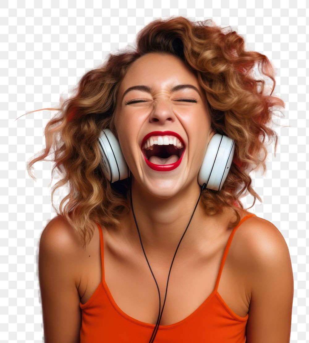 PNG Laughing young white woman headphones shouting adult.