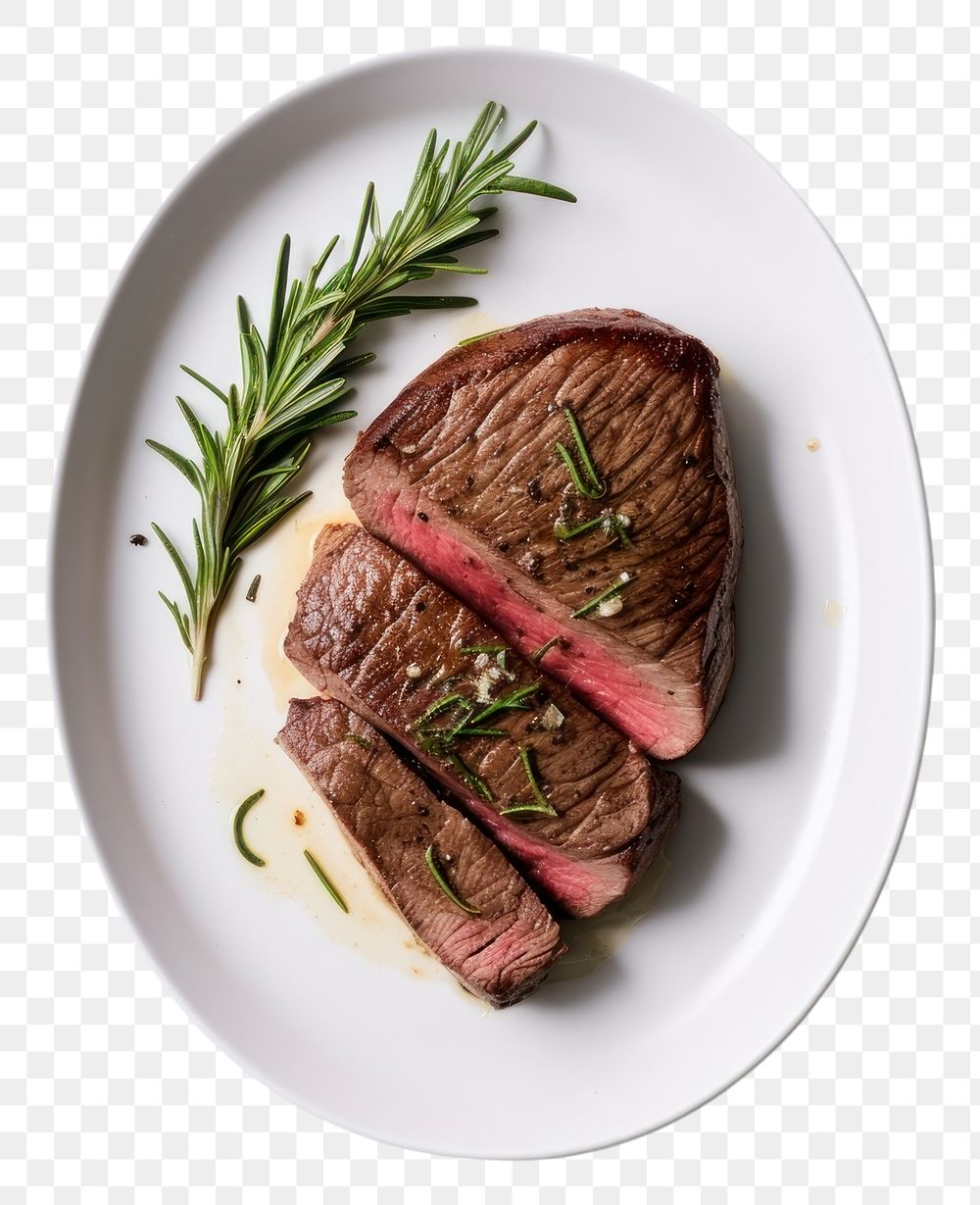 PNG A beef steak rosemary plate table.