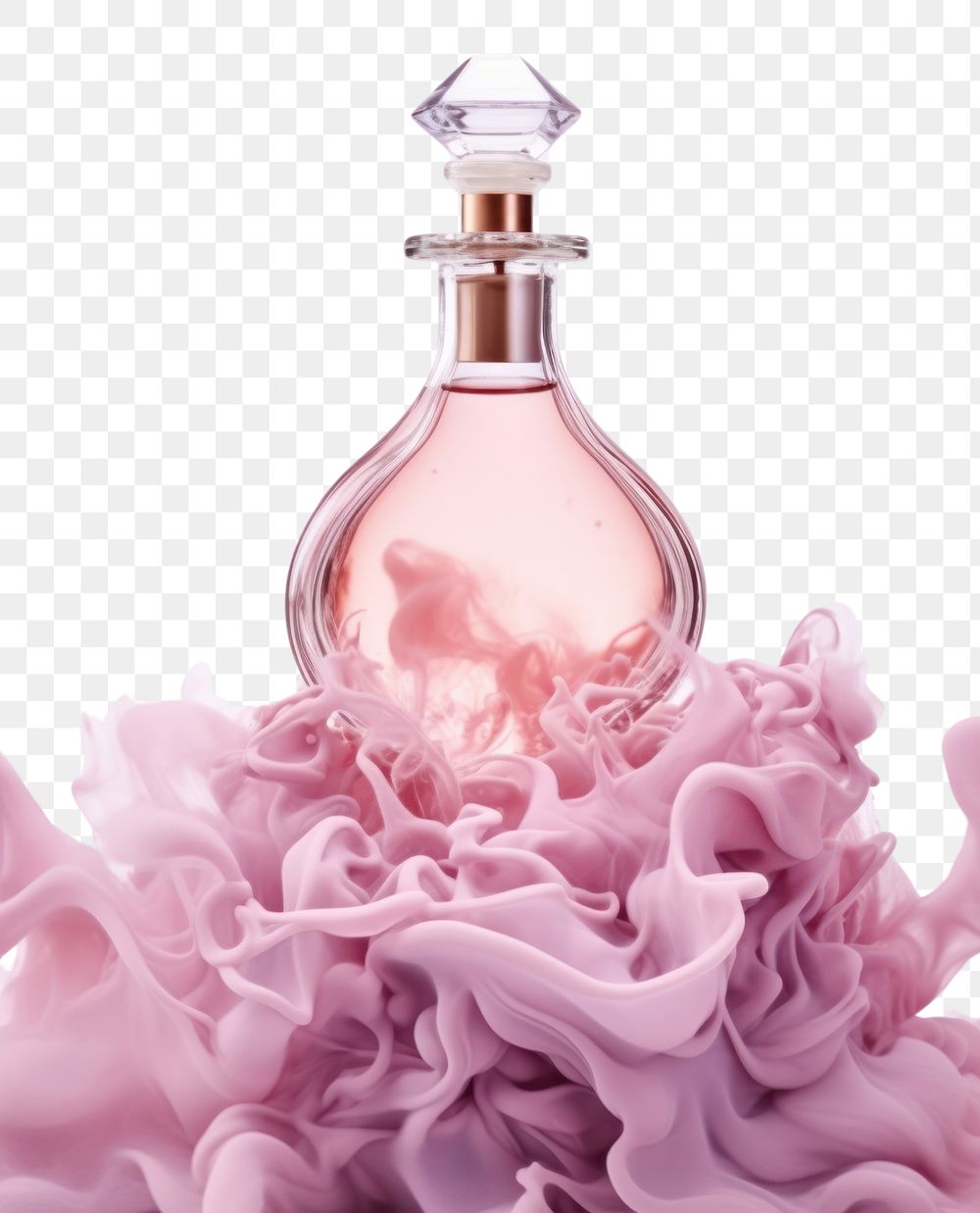 PNG  A perfume bottle infront of the pink smoke cosmetics container fragility. AI generated Image by rawpixel.