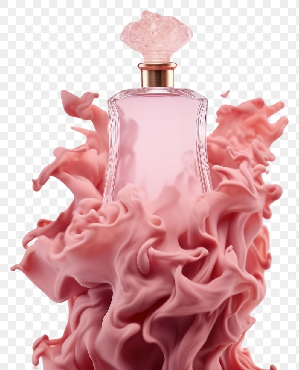 PNG  A perfume bottle infront of the pink smoke cosmetics petal magenta. AI generated Image by rawpixel.