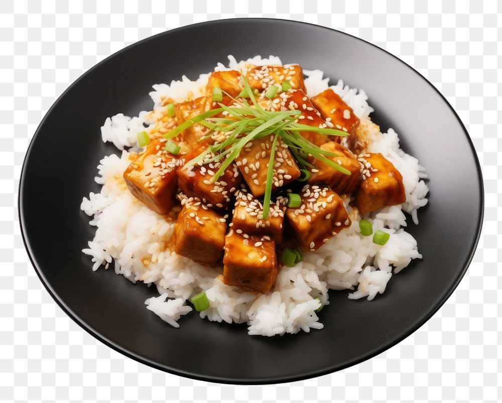 PNG  A rice and fried tofu with sesame seeds on the black plate food meal meat.