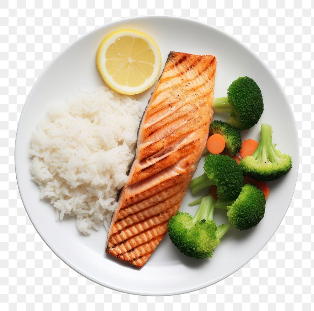 PNG  A salmon steak with rice and boiled vegetables as a side an a slice of lemon on the white plate food seafood meal.