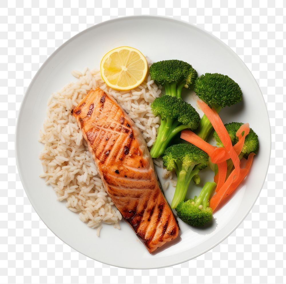 PNG  A salmon steak with rice and boiled vegetables as a side an a slice of lemon on the white plate food seafood meat.