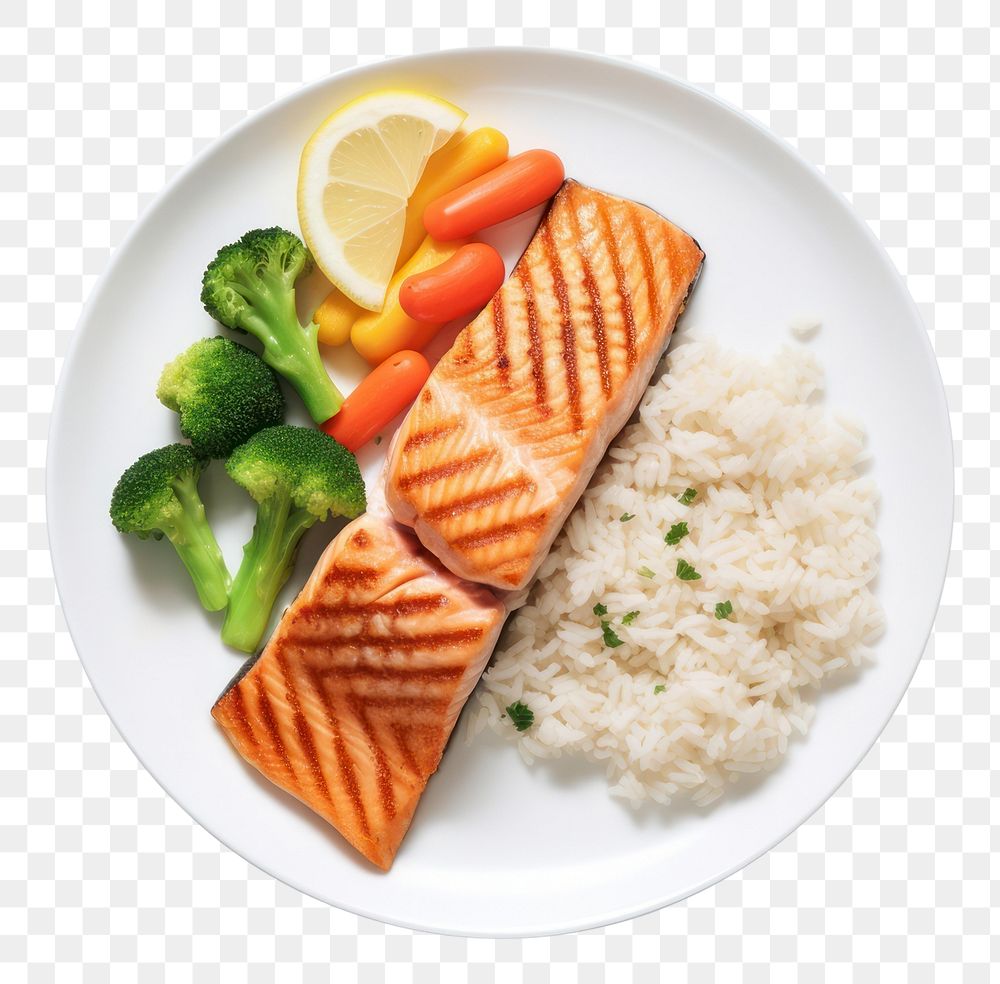 PNG  A salmon steak with rice and boiled vegetables as a side an a slice of lemon on the white plate food seafood meat.