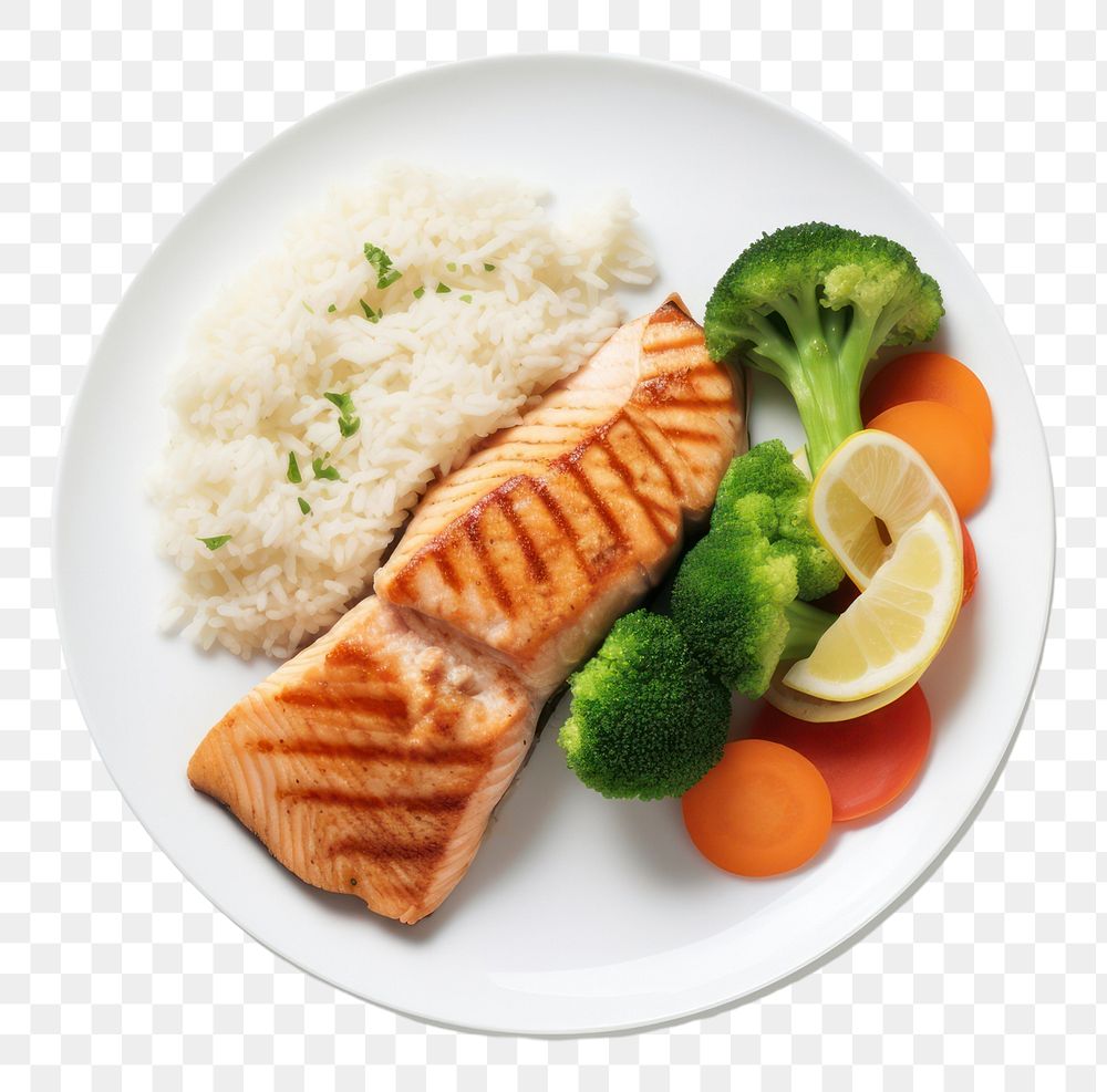 PNG  A salmon steak with rice and boiled vegetables as a side an a slice of lemon on the white plate food seafood white…