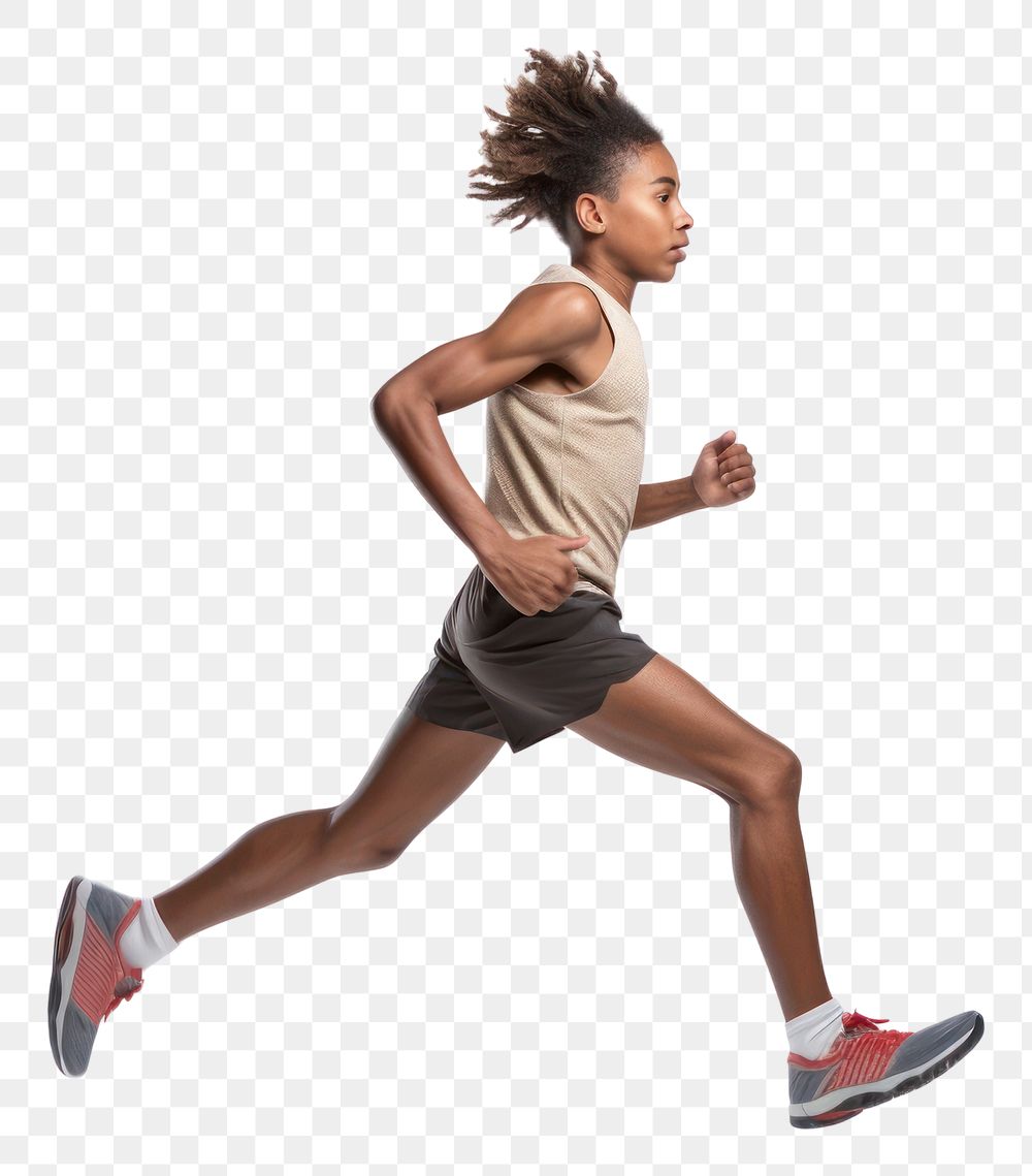 PNG  An African boy wearing sport cloth running jogging sports white background.