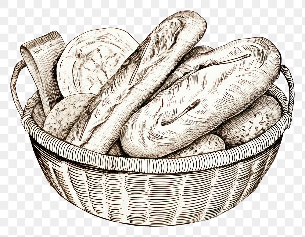 PNG Basket of breads sketch food white background. AI generated Image by rawpixel.