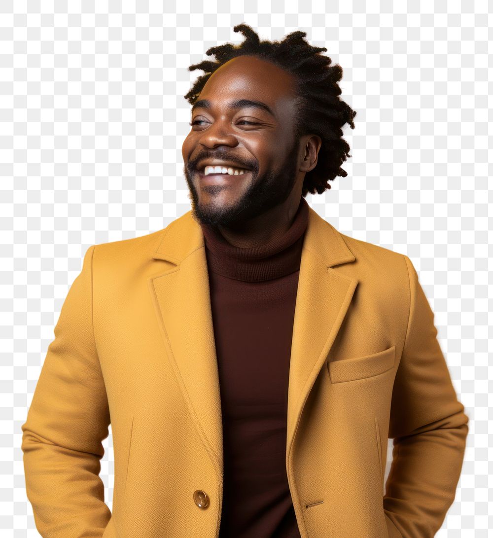 PNG Black man in jacket portrait laughing smiling. AI generated Image by rawpixel.
