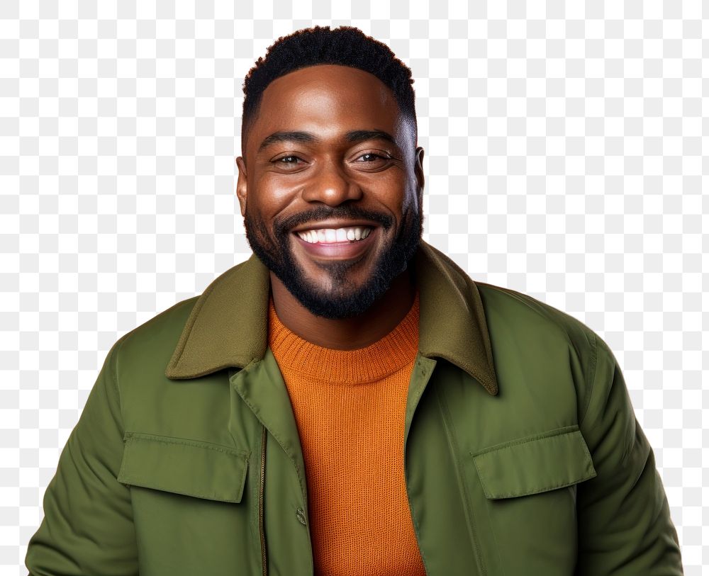 PNG Black man in jacket portrait smiling adult. AI generated Image by rawpixel.