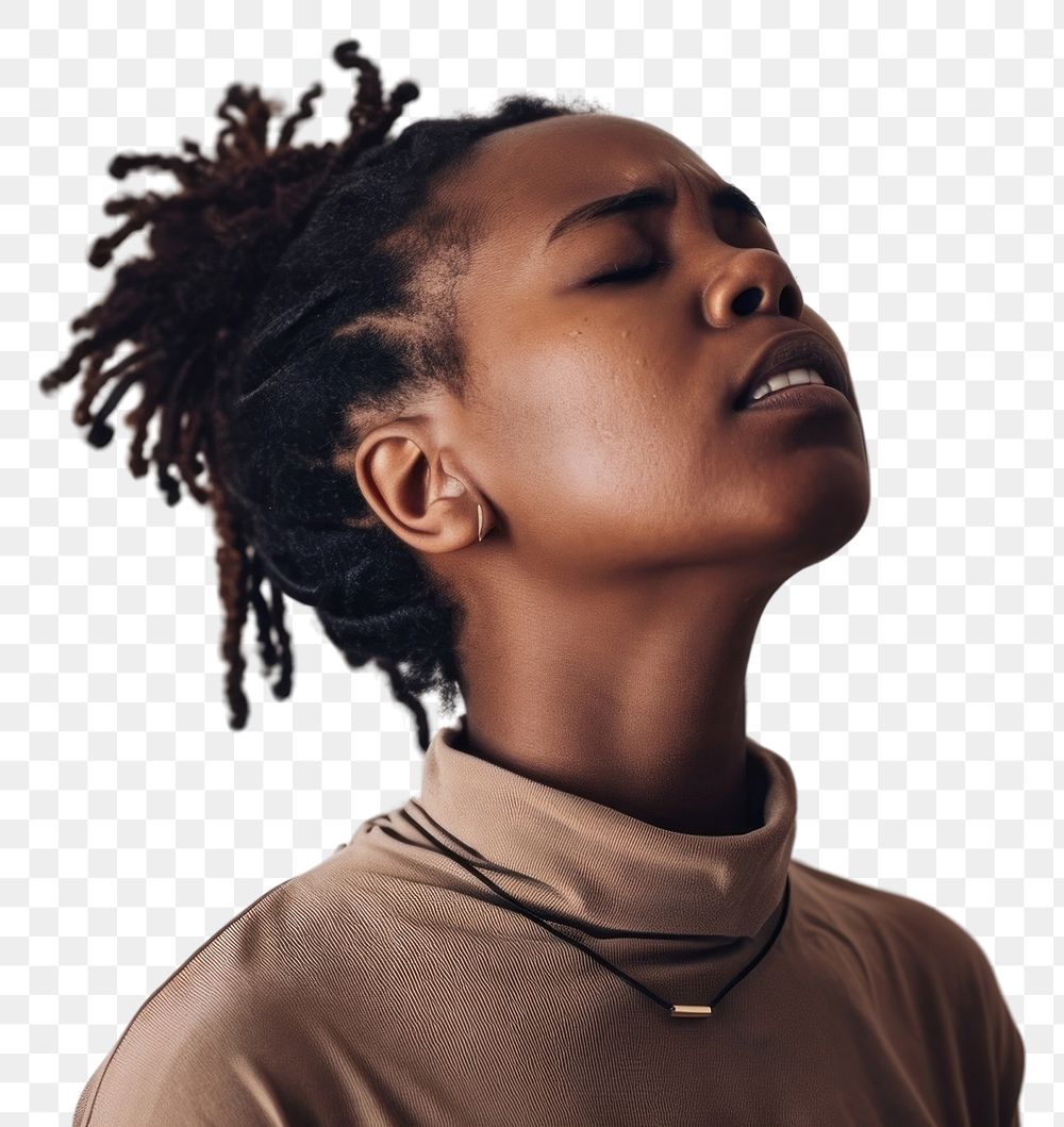 PNG Black woman having difficulty in breathing contemplation dreadlocks hairstyle.