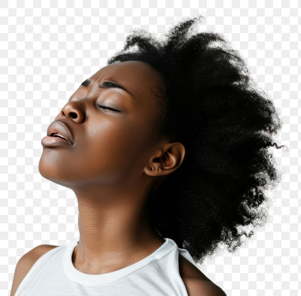 PNG Black woman having difficulty in breathing adult white background contemplation.